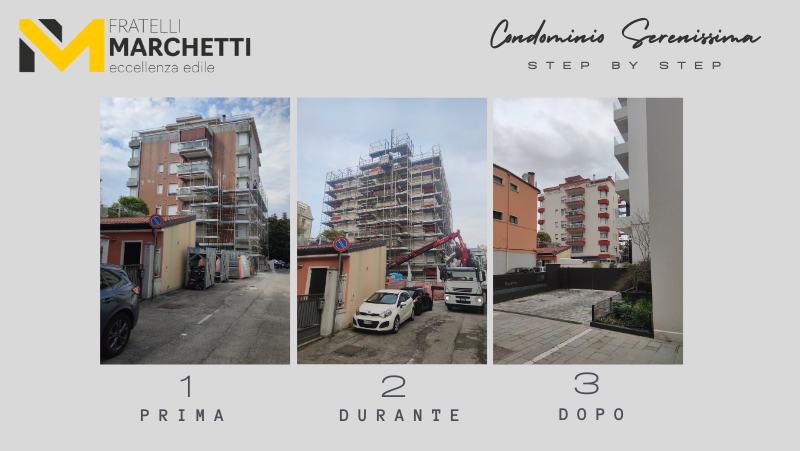 "Facciata del condominio Serenissima dopo la ristrutturazione energetica a Mestre"